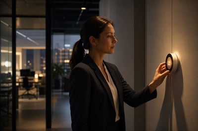 Employee Adjusting Thermostat in Low Light Office