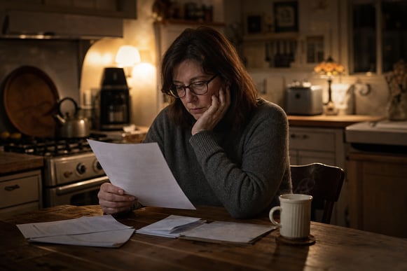 Resident Reviewing Electric Bill in Dimly Lit Kitchen